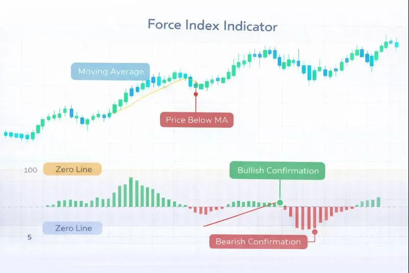 Force Index on a price chart: illustration of the indicator and how it is used in technical analysis
