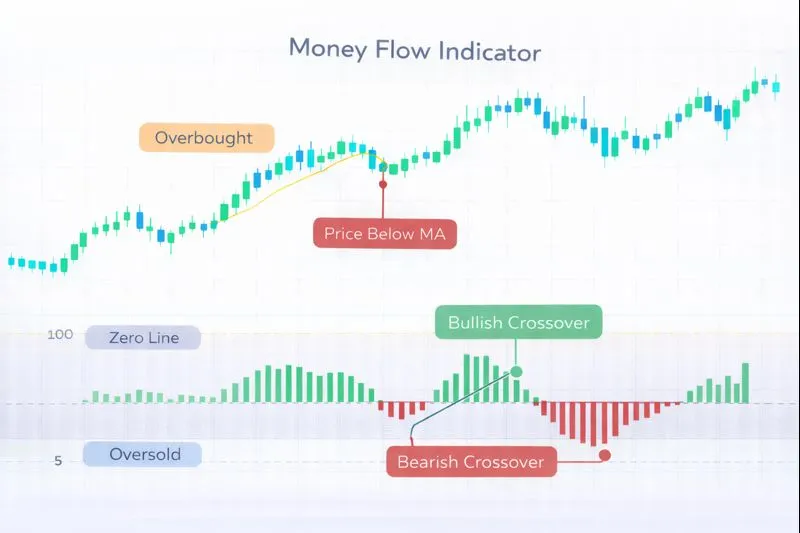 Money Flow on a price chart: illustration of the indicator and how it is used in technical analysis