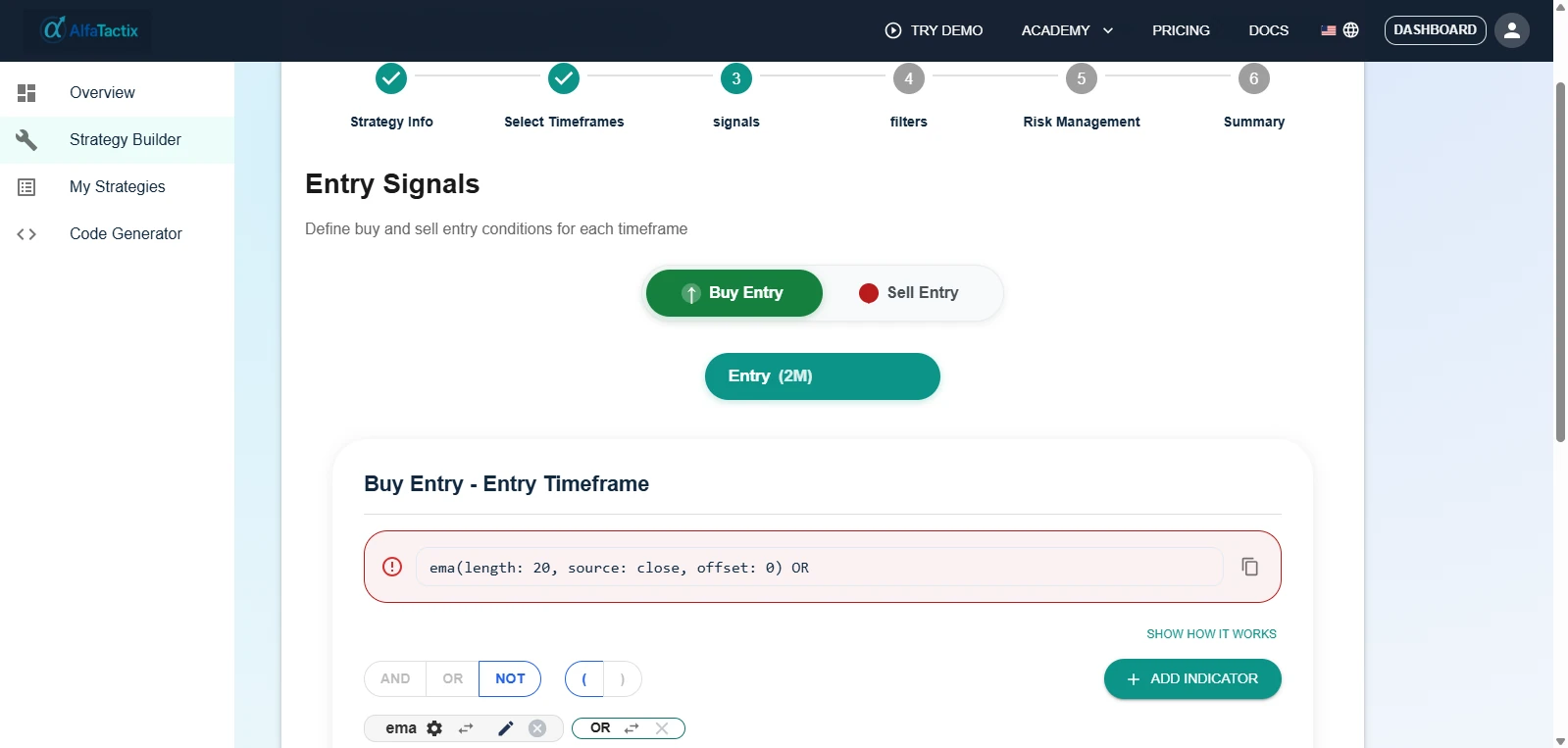 AlfaTactix Strategy Builder Step 3 Entry Signals: buy and sell entry configuration with indicators, parameters, conditions, and logical combinations